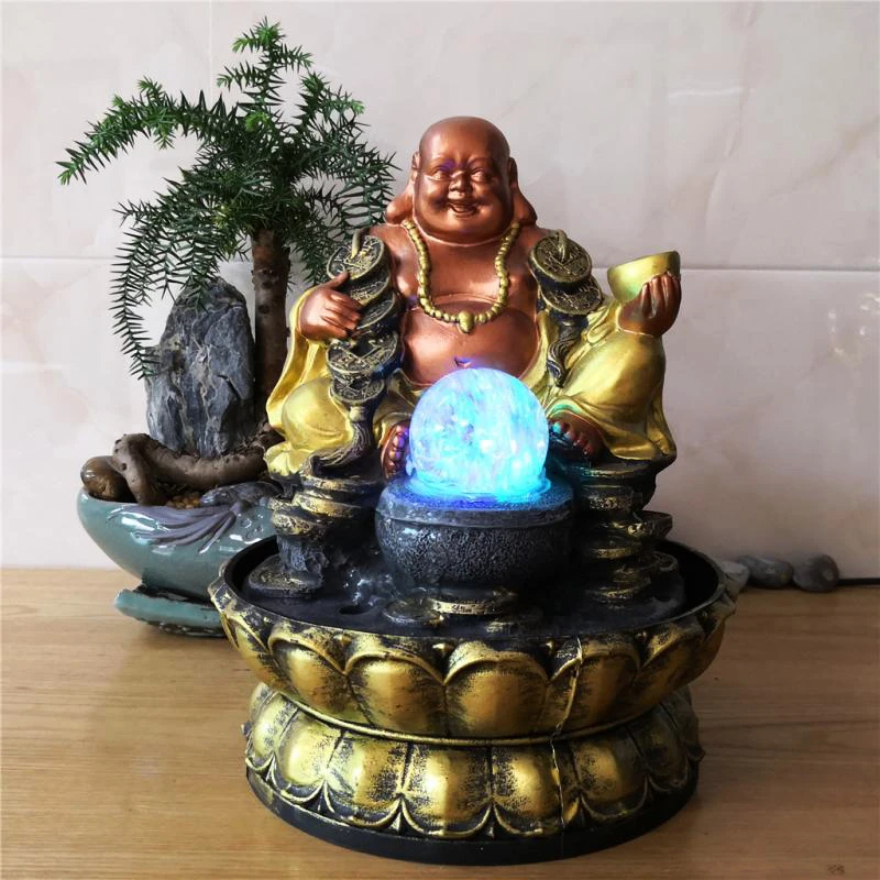 

110V-220V Smile Buddha Statue Resin Water Fountain Decoration Home Craft Humidifier Feng Shui Crystal Rotate Waterscape Fountain