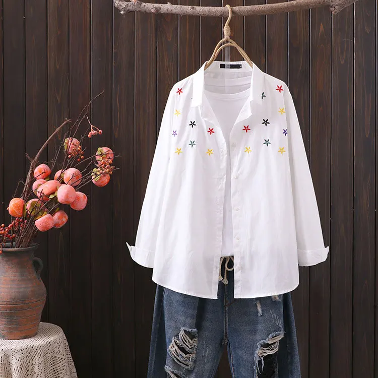 

2021 New Spring Women Shirts Single-breasted Star Embroidery Shirts Women Blouse Mujer Blusa Casual Loose Long Shirts Plus Size