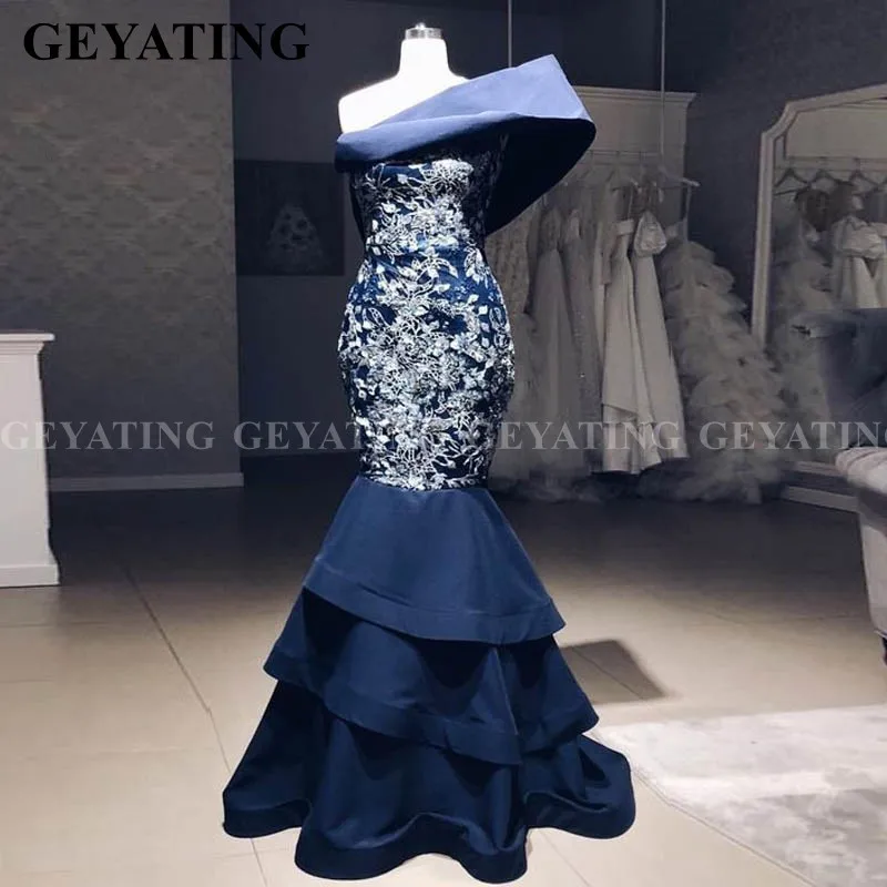 Саудовская Аравия темно синее вечернее платье на одно плечо Русалка 2020