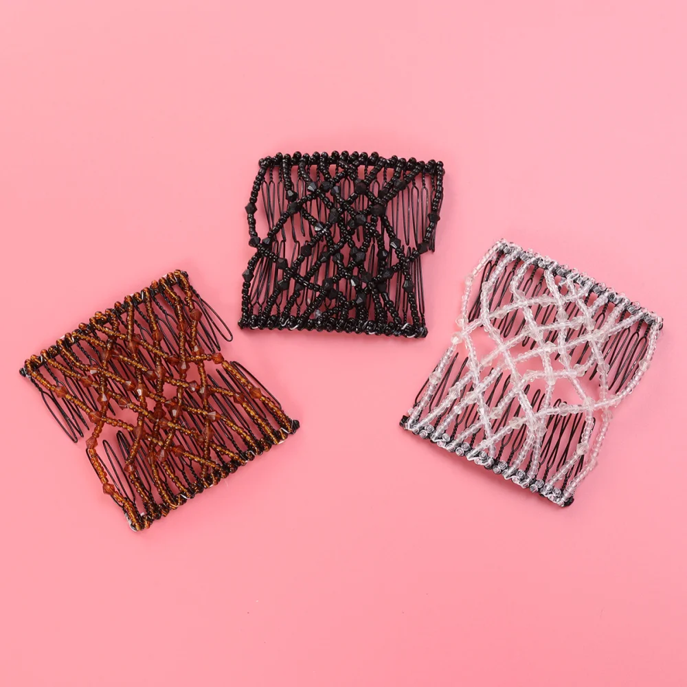 

3pcs Combs Hair Bun Maker Accessories Elastic Beaded Double Hair Clips Combs Hair Styling Tool for Woman (White, Black, Coffee)