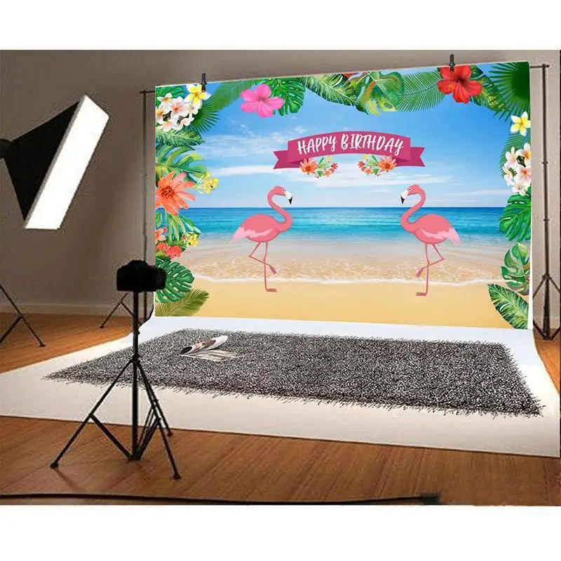 

Flamingo On Lake Birthday Backdrop Summer Tropical Hawaiian Floral Photography Background Flower Baby Shower Cake Table Banner