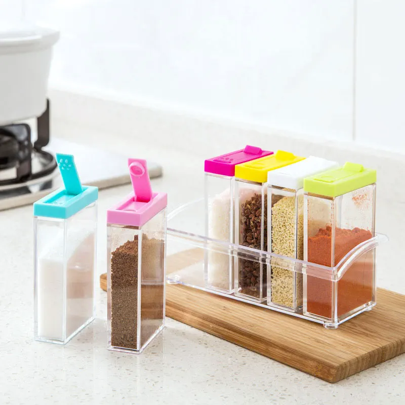 

Transparent Spice Jars Salt Set Box and Pepper Canister Set Seasoning Bottle Lid Kitchen Condiment Container Organizer Rack