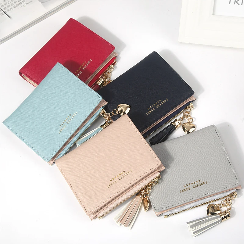 

Solid Wallet Women Small Short Women Wallets Zipper Coin Pocket Girls Luxury Credit Card Holder Tassel Fashion Cute Purse Lady