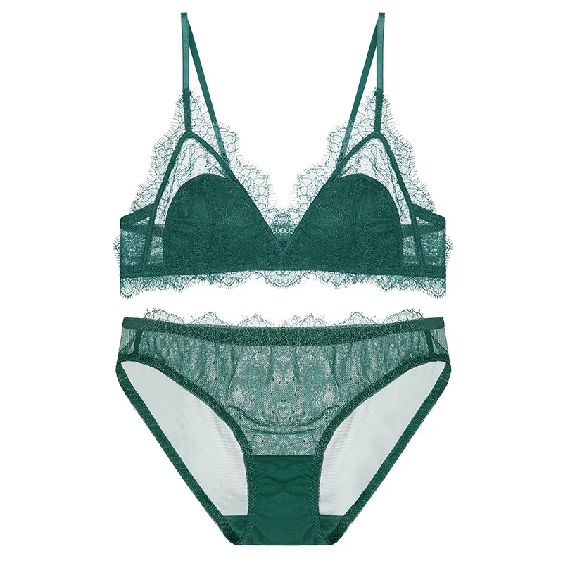Пикантный французский бюстгальтер кружевной треугольный с ресничками и трусики