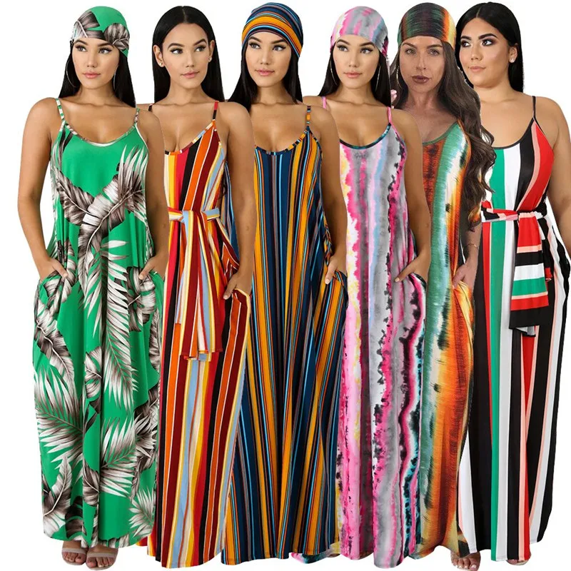 

Summer floral printed Women v neck Spaghetti strap loose Beach casual long Maxi Dress with pocket ladies fashion plus size Dress