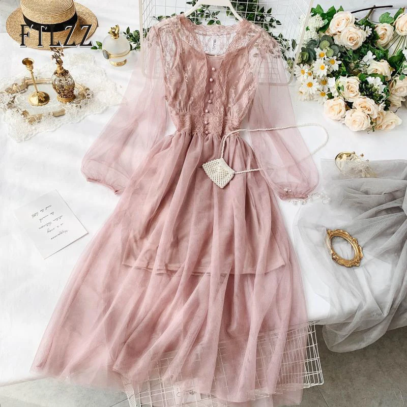 

New Arrivals Women Lace Crochet Dress Mesh Long Gauze Lantern Sleeve Voile Swing Long Dress Female Princess Dress 2pcs Set