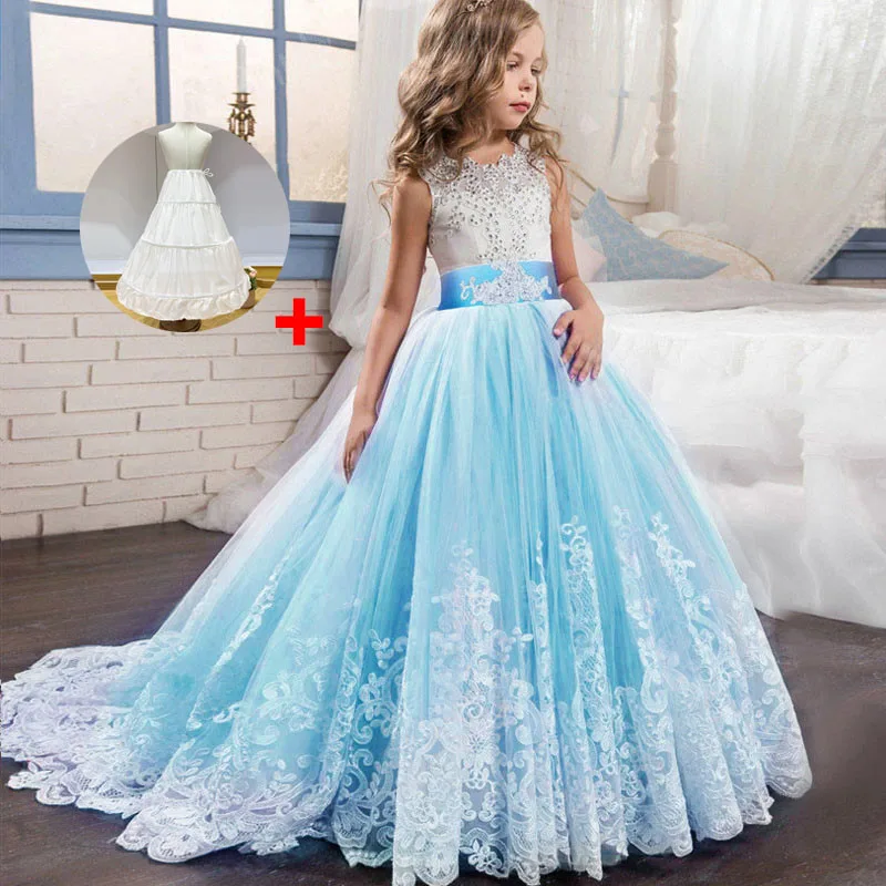 sky blue Кружевные платья для девочек с цветочным рисунком и длинным шлейфом; элегантные платья невесты; бальное платье; вечернее платье; платья для первого причастия; Vestido Comunion - Цвет: sky blue