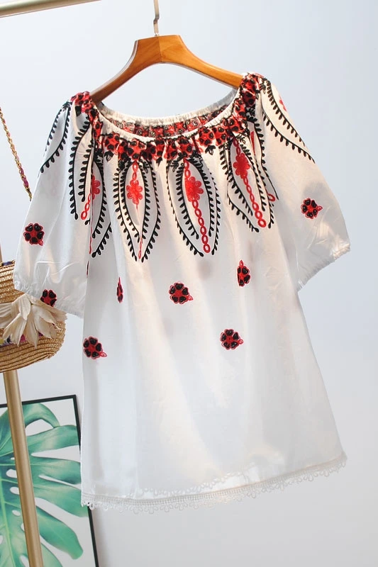 

VANOVICH Women's Blouses and Tops Cotton Embroidery 2021 Summer New Short Sleeve Slash Neck Women Clothing