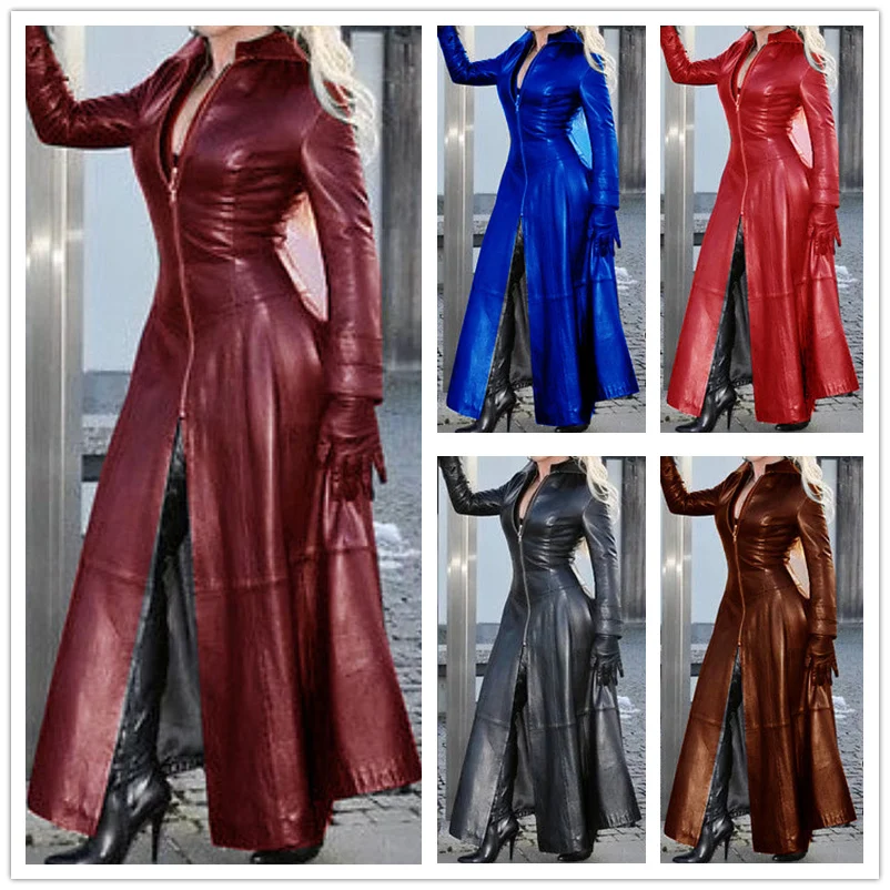 

Mandylandy Women Fashion Long Leather Jacket Casual Autumn Winter Zipper Casual PU Leather Soft Lapel Motorcycle Leather Coat