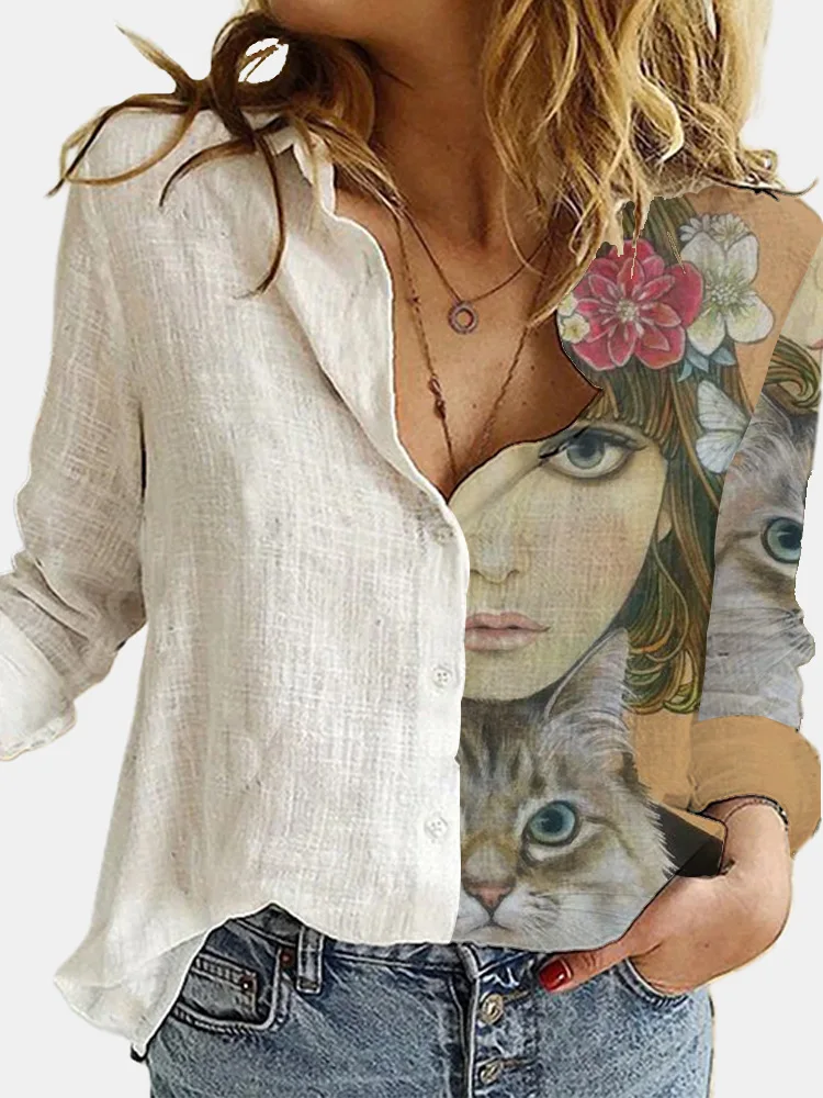 

Fashion Retro Portrait Floral Print Women Shirt Autumn Stitching Button Long Sleeve Cotton Linen Blouses Casual Street Lady Top