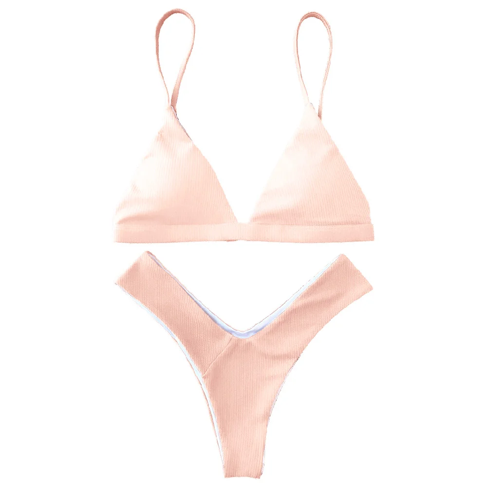 Pink ZAFUL, текстурированный, с высокой посадкой, мягкий, с глубоким вырезом, комплект бикини, на тонких бретелях, однотонный, летний, купальный костюм, эластичный, с низкой талией, купальный костюм - Цвет: Pink