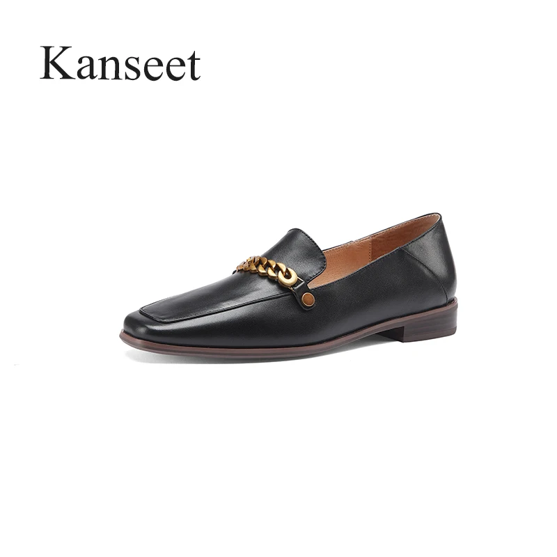 

Kanseet 2021 New Women Pumps Spring Autumn Fashion Metal Decoration Genuine Leather Casual Handmade Square Toe Low Heels Shoes