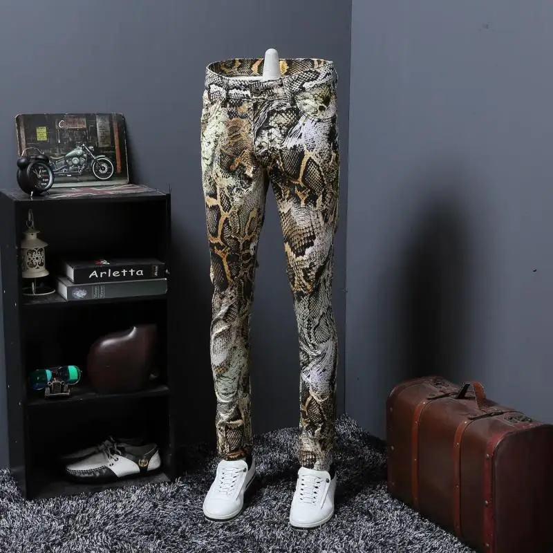 Idopy 2020 New Mens Snakeskin Printed Jeans Slim Fit Skinny Night Club Punk Cool DJ Trousers Pants Slacks For Male Plus Size | Мужская