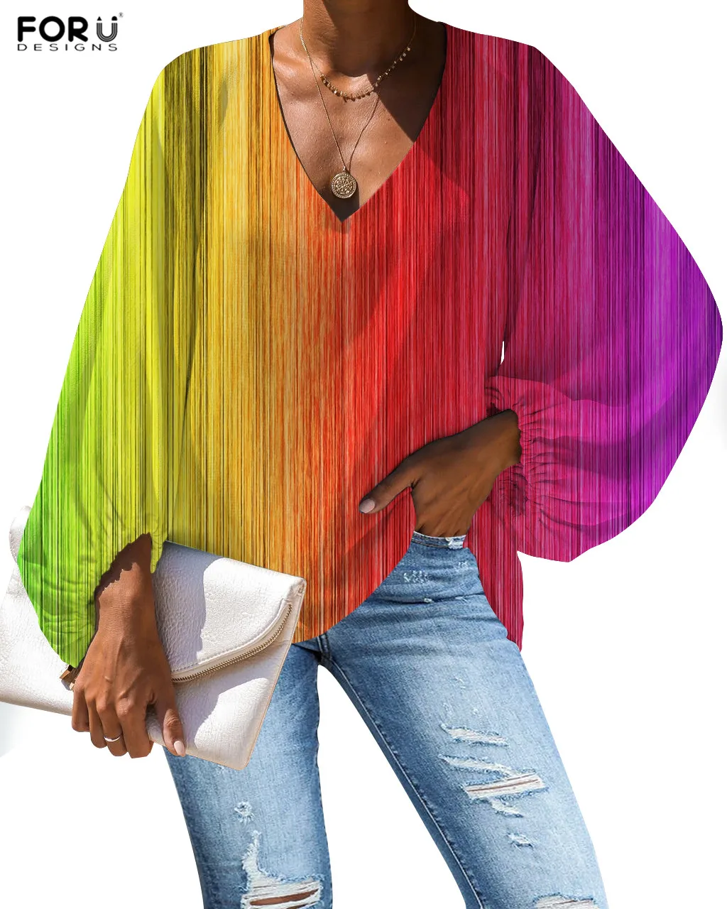 Женская Свободная блузка FORUDEGINS разноцветная Радужная полосатая с 3D принтом