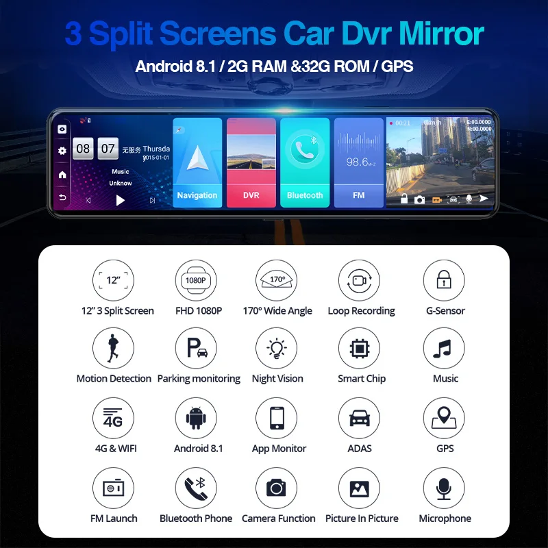 E-ACE Dash Camera 12 Inch 4G Android 8.1 Car DVR GPS Navigation Night Vision Video Recorder WiFi Support 1080P Rear | Автомобили и