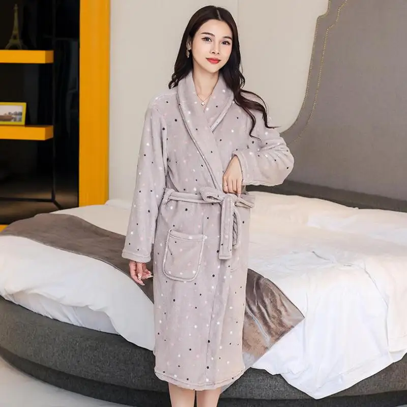 

Print Dot Robe Gown Flannel Bathrobe Women Autumn Winter Nightgown Warm Thick Kimono Bath Long Sleeve Sleepwear Lingerie