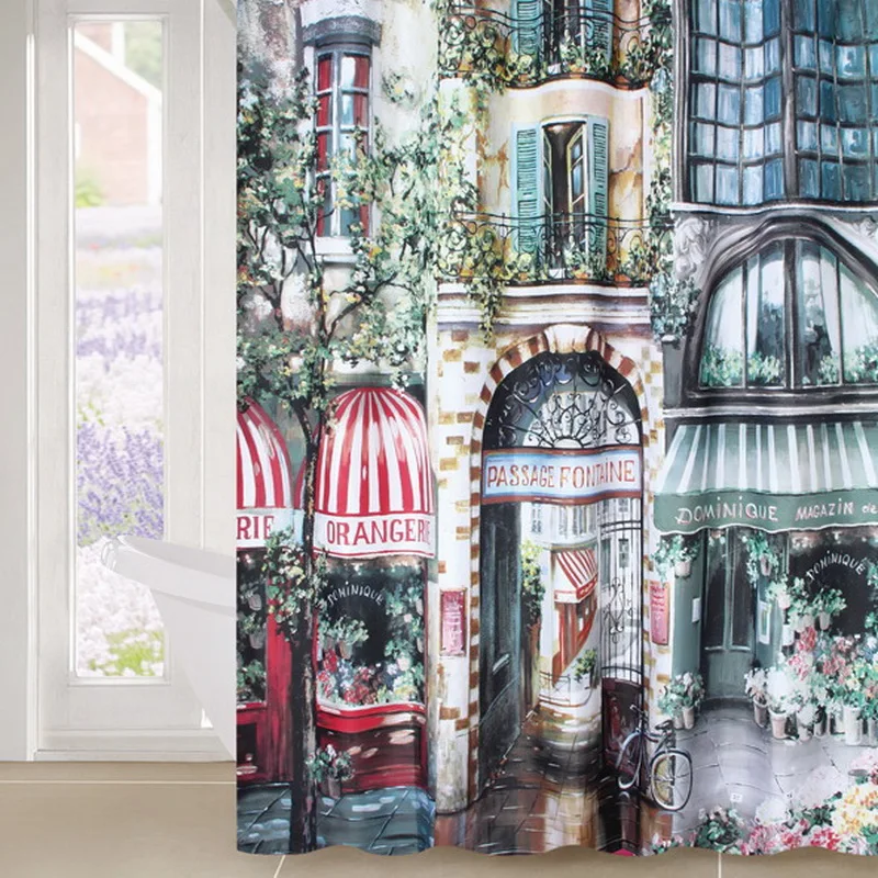 

Happy Tree Polyester Coffee House Waterproof Shower Curtain Thicken Fabric Bathroom Curtain Street Landscape Bath Curtain.