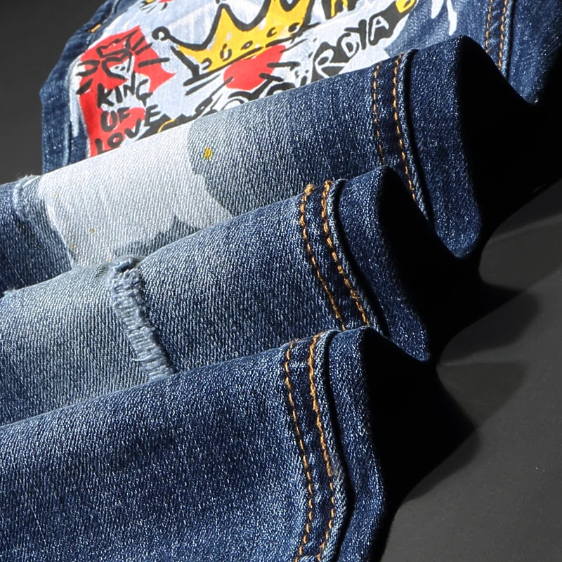 American Street Style Fashion Men Jeans Retro Blue Elastic Slim Fit Ripped Jeans Men Printed Designer Hip Hop Denim Punk Pants