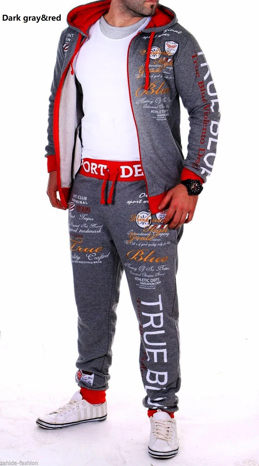 dark gray red ZOGAA мужской спортивный костюм комплекты дорожек толстовки+ штаны спортивный костюм комплект из 2 предметов спортивная одежда спортивные мужские толстовки комплект мужской - Цвет: dark gray red