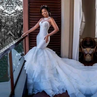 african pure white mermaid wedding dresses tiered skirts appliques lace jewel neck long train bridal dresses gowns plus size