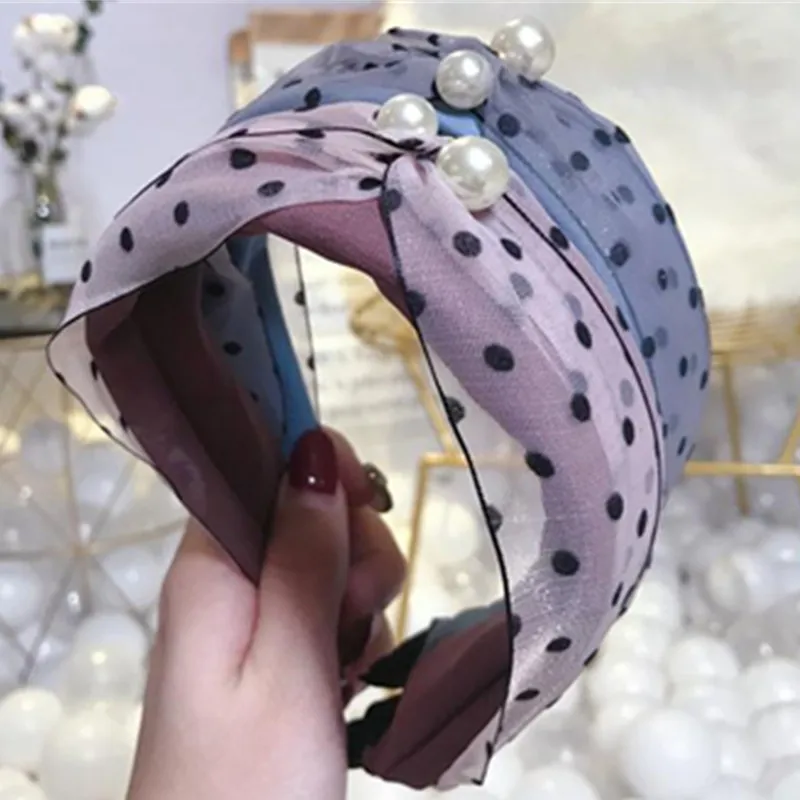 

Smallers Dots Print Headband Pearls Women Hair Accessories Cute Mesh Cross Hairband Ladies Party Headdress Pearls Hair Hoop