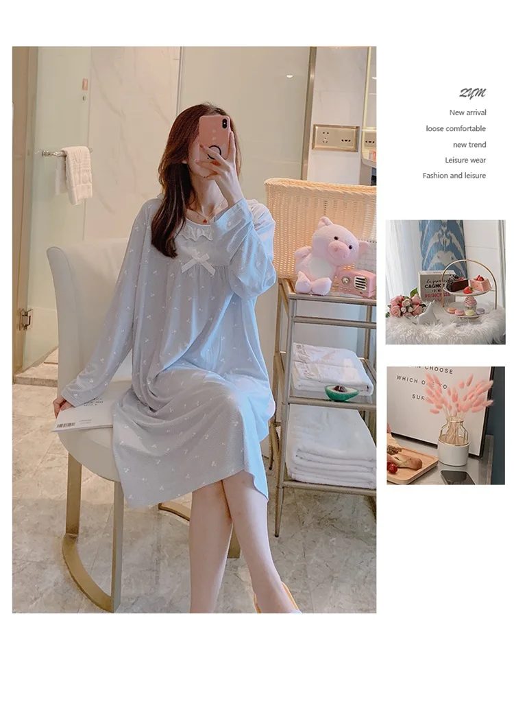 Spring Autumn Casual Plaid Cotton Nightgowns for Women Long Sleeve Loose Night Dress Home Dress Sleepwear Nightdress Nighty