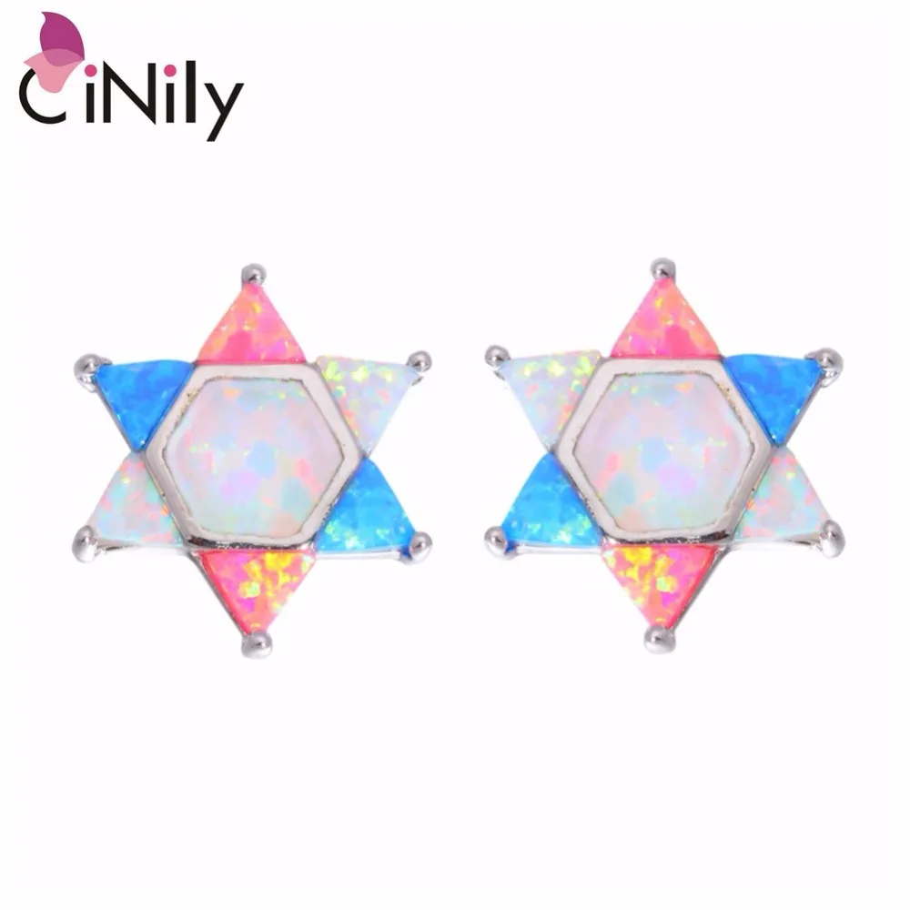

CiNily Created White Blue Pink Fire Opal Silver Plated Wholesale Lovely Star For Women Jewelry Stud Earrings 16mm OH3384