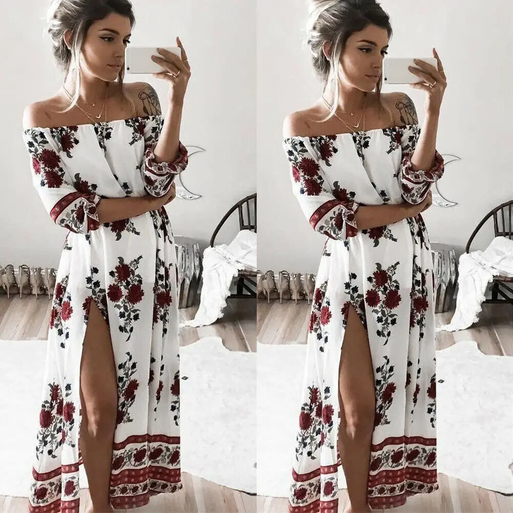 Женское длинное платье макси с цветочным принтом открытыми плечами и рукавом до