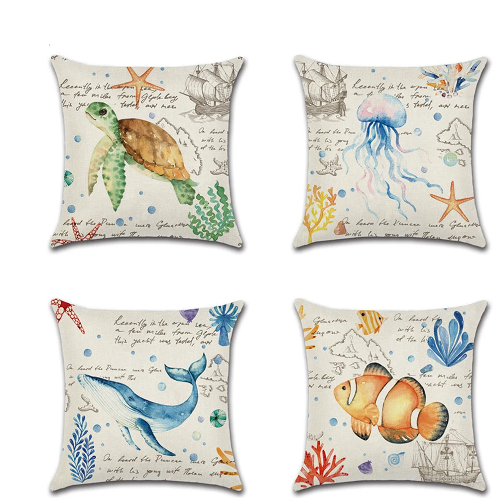 

Linen Pillowcase Sofa Cushion Cover Decoration Sea Turtle Jellyfish Pillow Case Decorative Marine Animal Pattern Couch Pillow