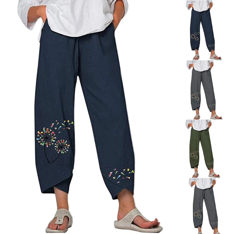 

Women Summer Elastic Waist Baggy Capri Pants Boho Dandelion Printed Cotton Linen Wide Leg Loose Lounge Cropped Trousers