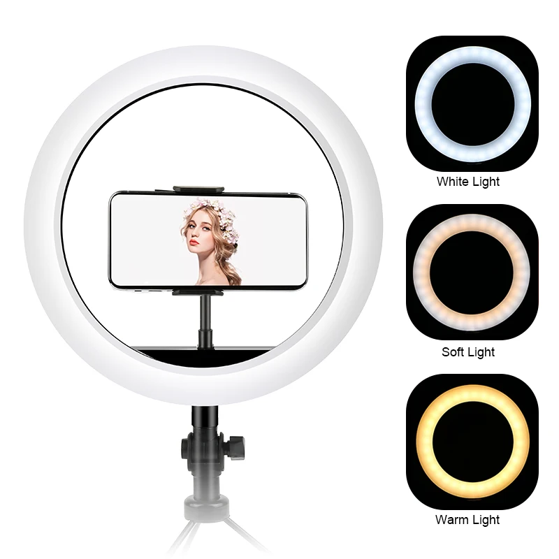Светодиодный кольцевой светильник для селфи триколор с подставкой держателем