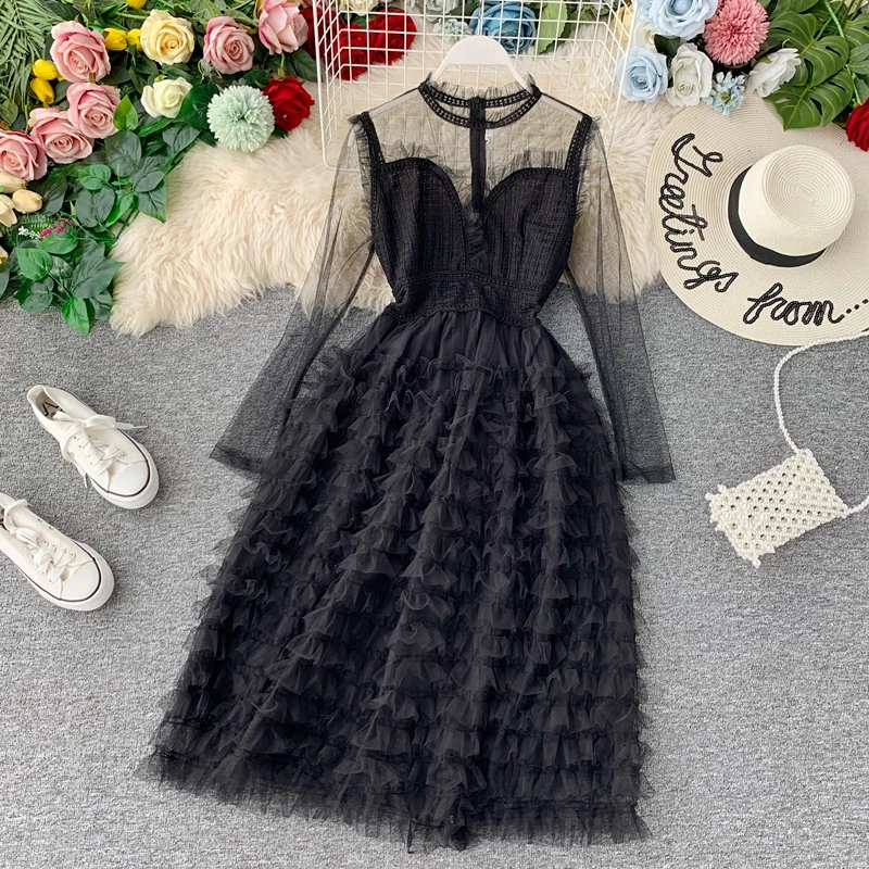 Новое поступление женское платье кружевное Сетчатое с длинным рукавом до