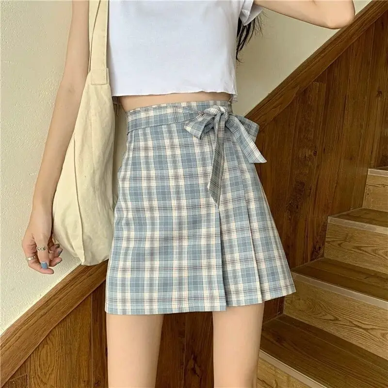 

2021 new high waist student summer bow tie Purple Plaid Skirt women's bag hip A-line skirt