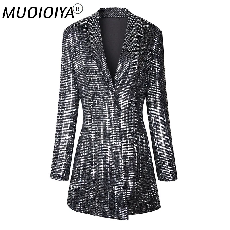 

Женское блестящее платье-блейзер с длинным рукавом и отложным воротником