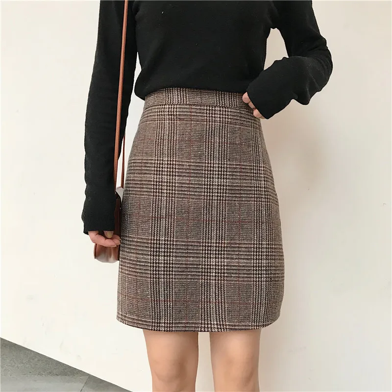 Женская клетчатая мини-юбка элегантная прямая офисная юбка с высокой талией в