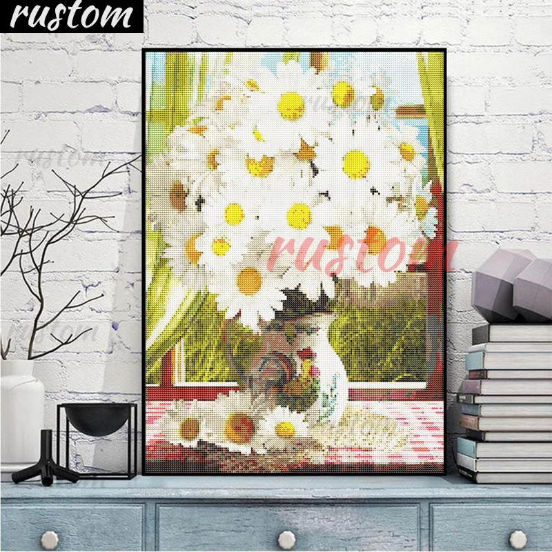 

Rustom Cross Stitch Daisy Vase Art Canvas Size Full Square Drill Diamond Painting Flower DIY 5D Diamond Embroidery Home decor