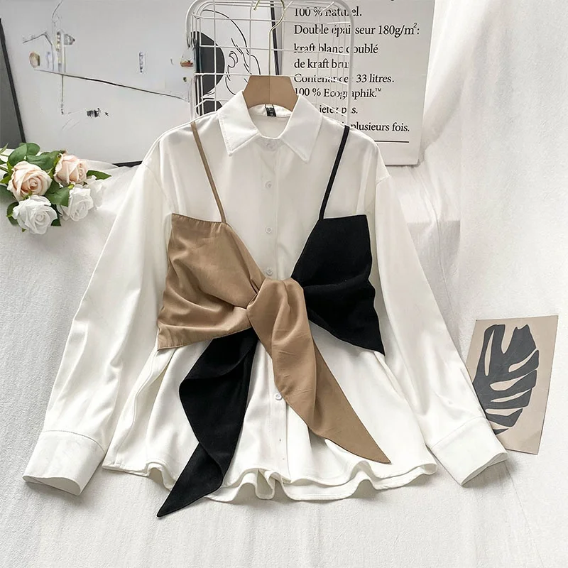Tinomiswa с бантом Лоскутные рубашки из двух частей женские длинным рукавом