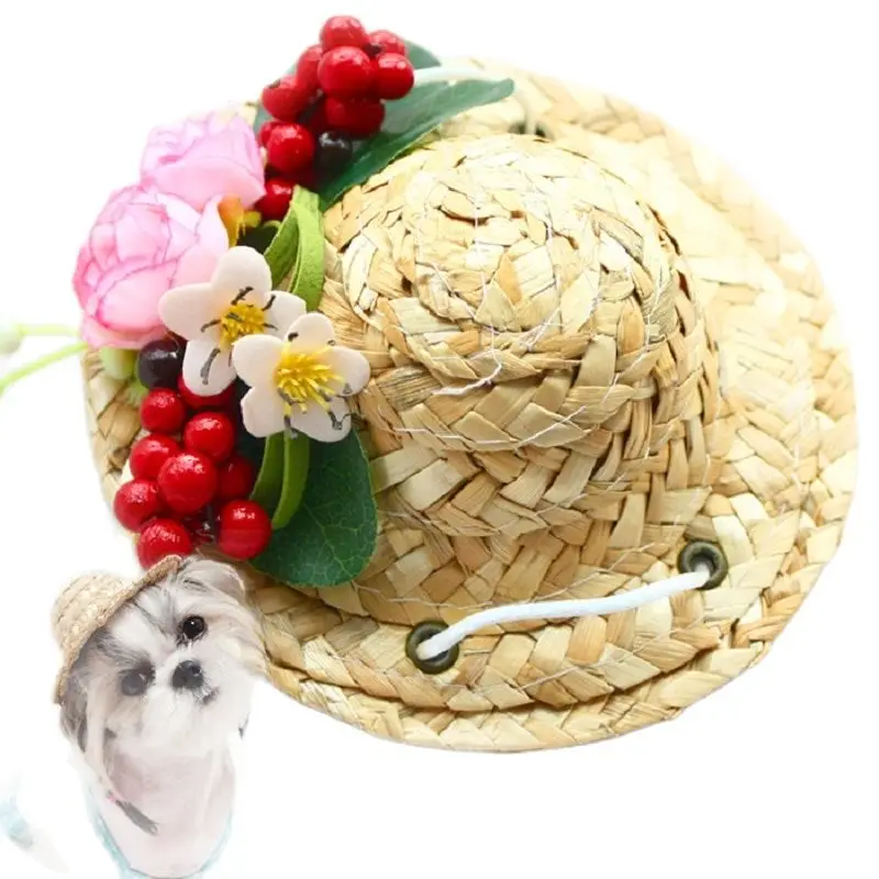 

Free Shipping Dog Straw Hat Pet Accessories Adjustable Design Berry Rose Cat Cap Yorkie Poodle Maltese Photography Party Holiday