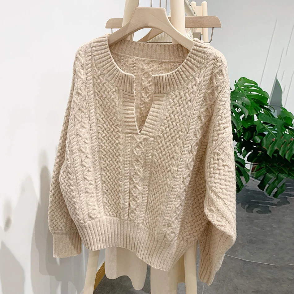 

Ailigou 2021 Fashion Clothing Women's Apricot Hair Green Dress V-neck Lantern Long Sleeve Knit Pullover Casual Loose Sweater