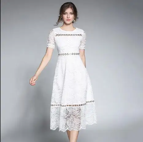 Женское подиумное горячее кружевное длинное платье с круглым вырезом короткий