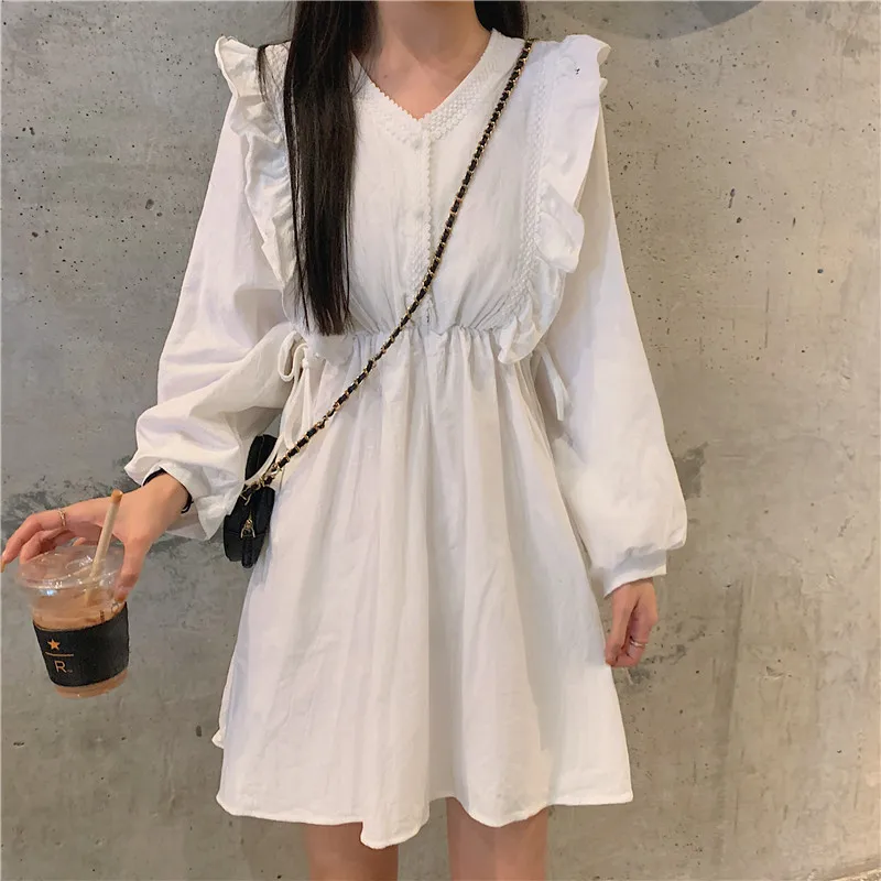 

Dress Long Sleeve Korean Style Solid Sweet Ruffles Elegant Pleated Stylish New Students Womens Loose Daily Streetwear High Waist
