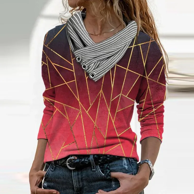 

2021 Spring Autumn Long Sleeve Pullover Tops Fashion Retro Patchwork Striped Loose Blouse Casual Women V Neck Button Shirt Blusa