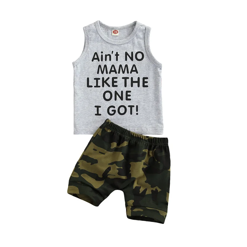 

2021 Newborn Baby Boys Fashion 2-piece Outfit Set Sleeveless Letter Print Tops+ Camouflage Shorts Set