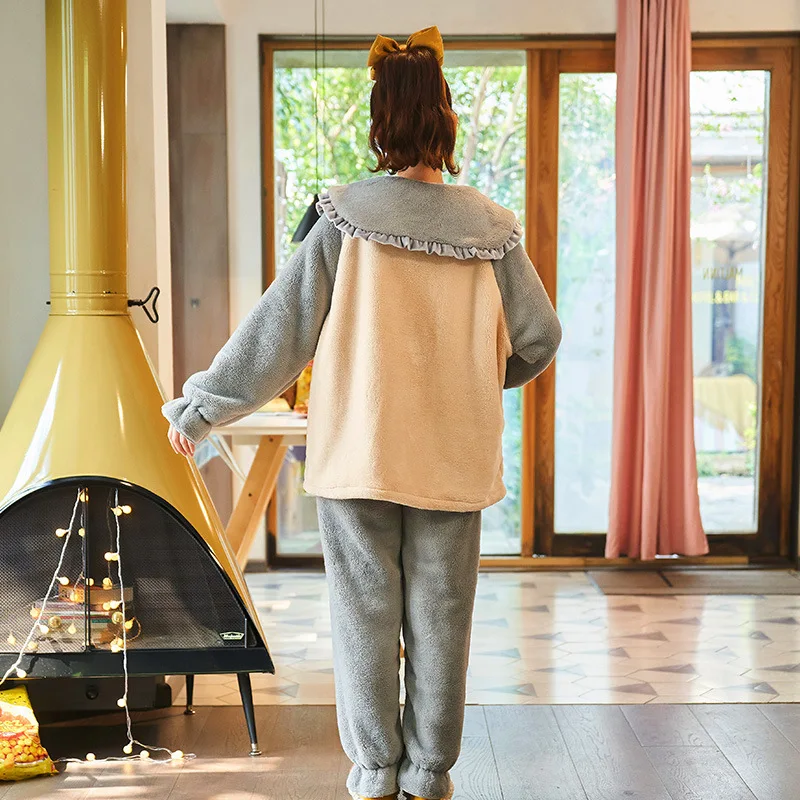 

Pajamas women winter flannel long-sleeved thickening plus velvet coral fleece cute autumn and winter home service suit women pjs