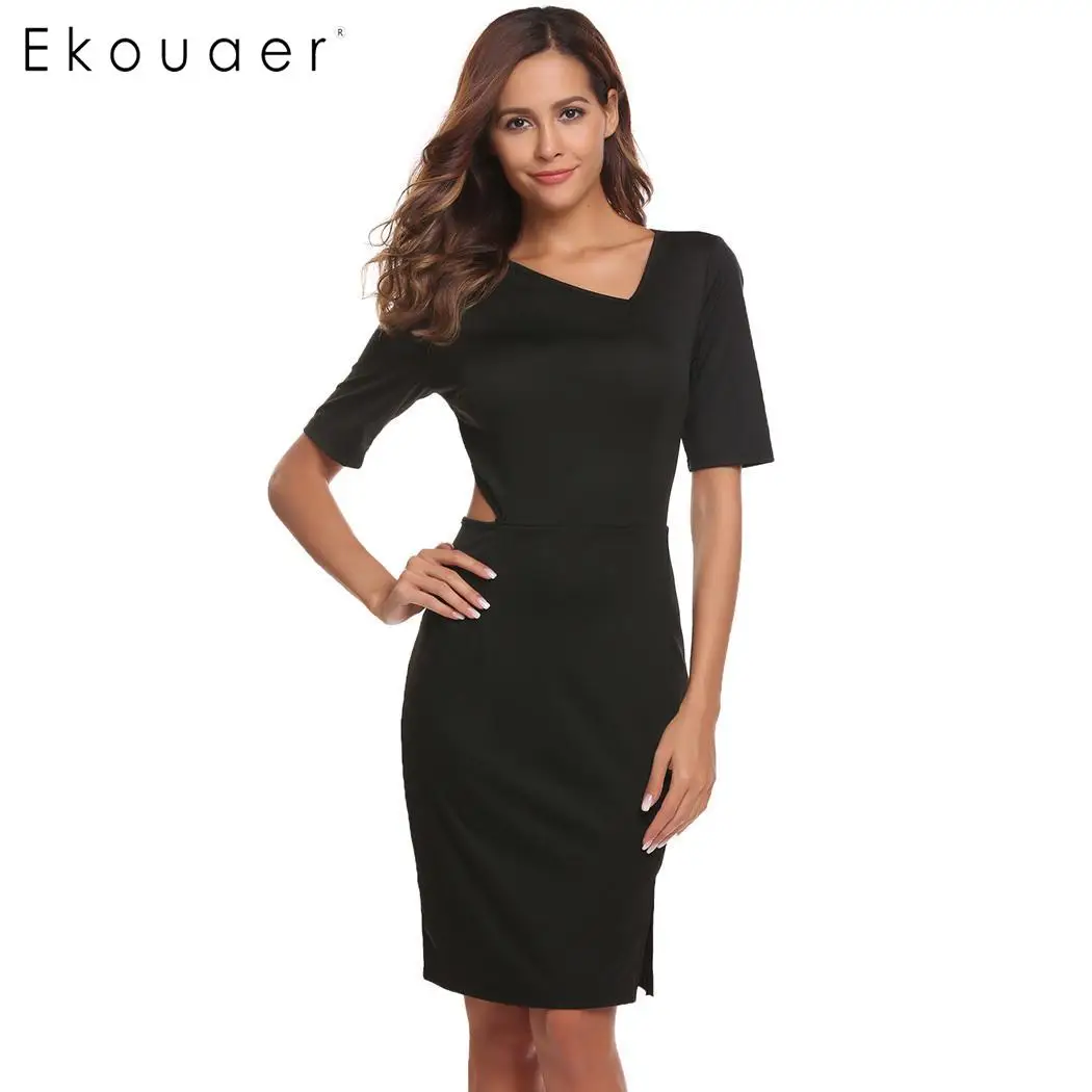 Ekouaer женское сексуальное платье карандаш с коротким рукавом однотонное косой v