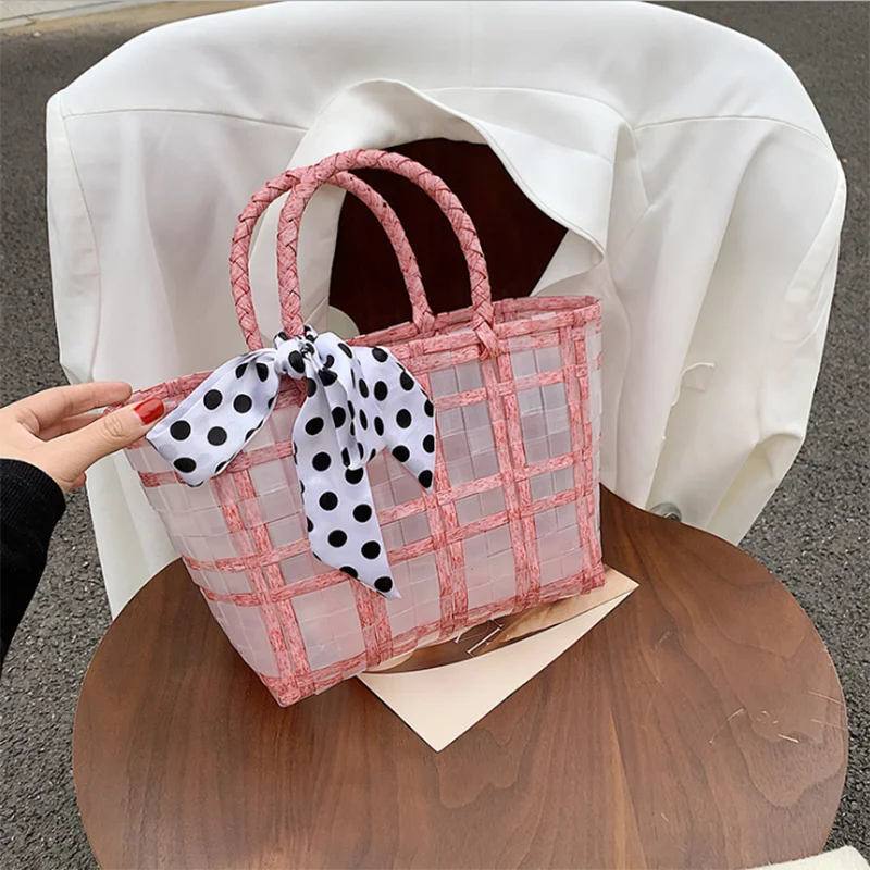

Female Handbags New Fashion Ladies Shopping Bags Women Straw Weaving Transparent Scarf Hand Basket