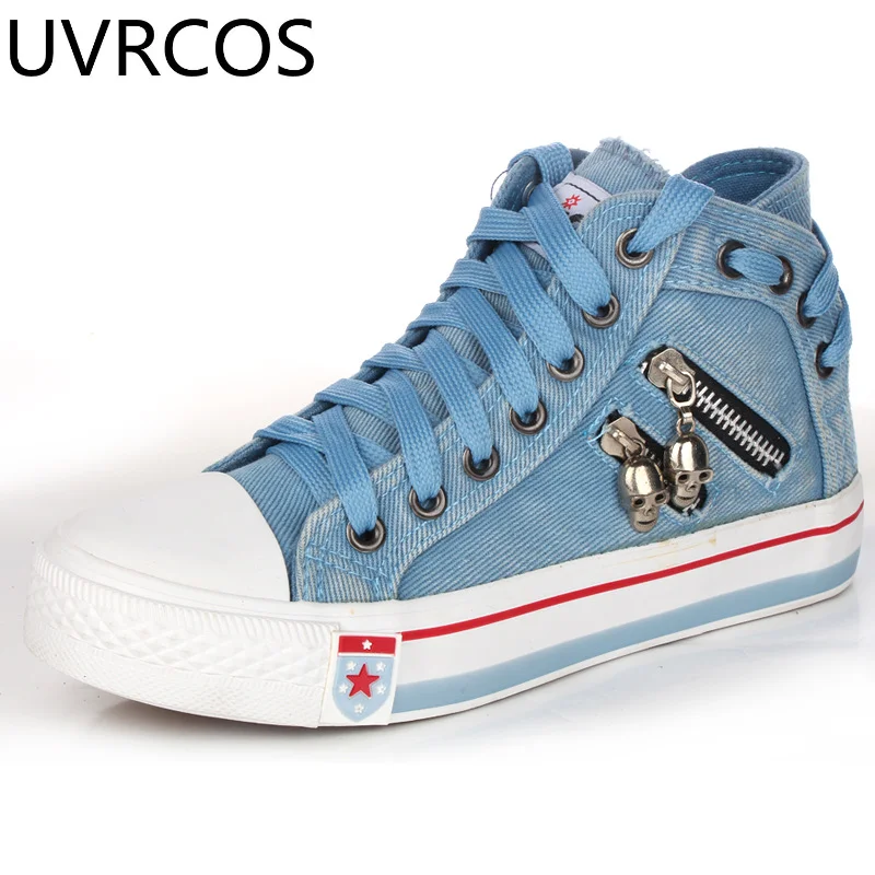

2022 Women Canvas Shoes Chic High Top Denim Leisure Footwear Womens All -match Flat Zipper Walk In Ladies Breathable Flat Shoes