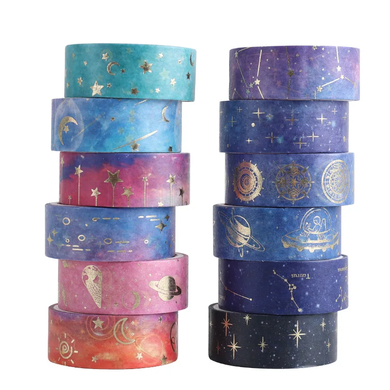 12pcs Starry Night Washi Tape Set 15mm*2m Galaxy Constellation Moon Star Adhesive Masking Tapes Home Stickers Decoration A6033