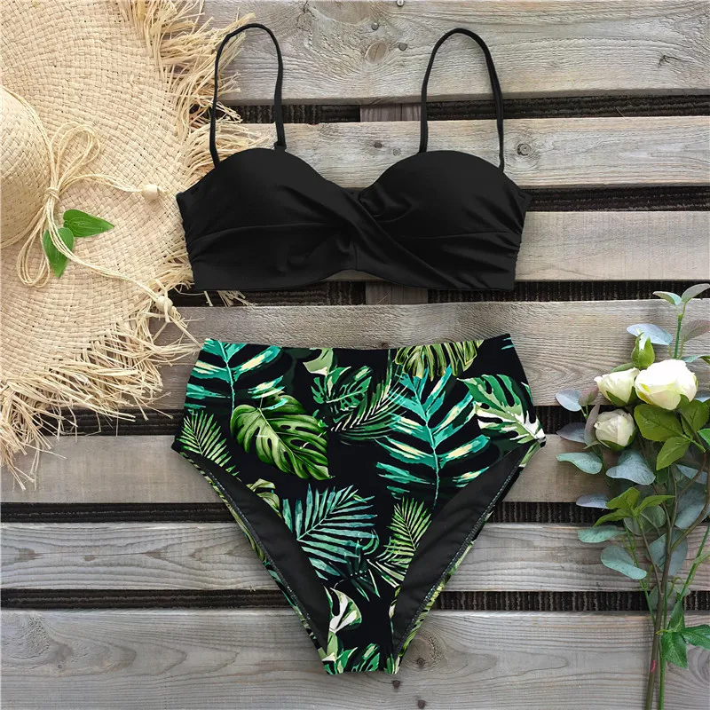 

Sexy Leaf Print Bikini 2021 Female Swimsuit Women Swimwear Thong Push Up Bikinis Set High Waist Swimming Suits for Bathing Suit