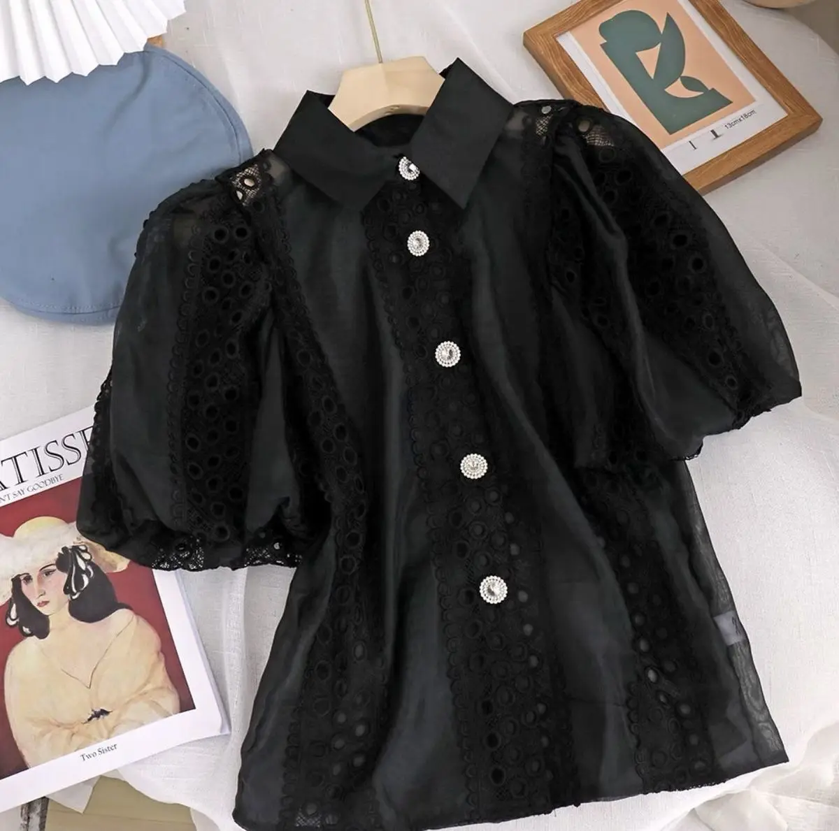 

Ladies Black White Organza Blouse Summer Womens Sweet Puff Short Sleeve Single-Breasted Hollow Out Shirt Sexy See Through Tops